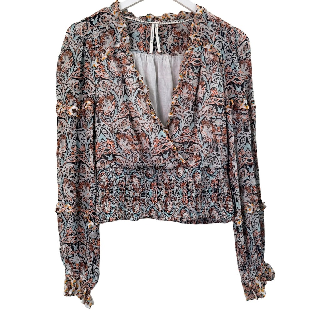 Anthropologie Faux Wrap Blouse Womens XS Paisley Ruffle Smocked Surplice Top